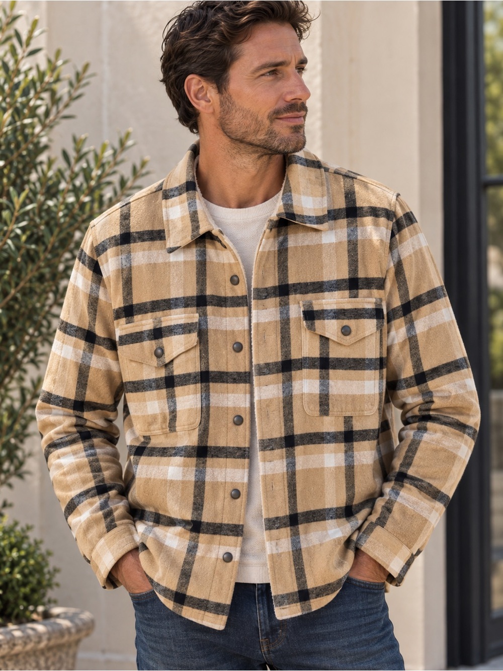 Lucky Brand Tan Plaid Lightweight Shacket